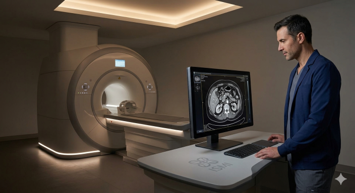 radiologist in a navy blue scrub jacket reviews a detailed abdominal MRI scan on a high-resolution monitor next to an open-bore MRI machine at ISMI private clinic in Montreal.